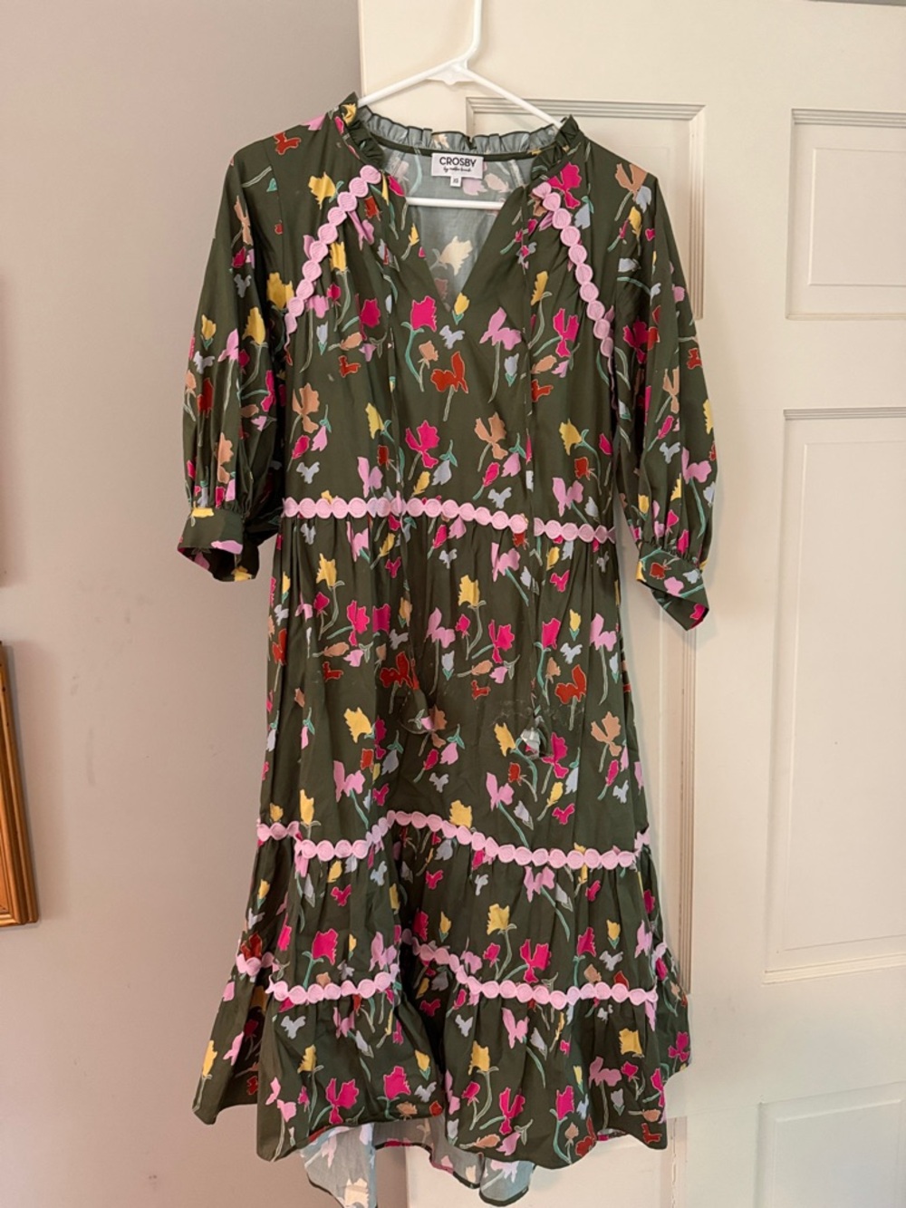 CROSBY by Mollie Burch Olive Green Floral Tiered Dress with Pink Trim
